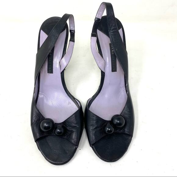 Marc Jacobs Slingback Black Leather peep toe Heel sandals two beads VNTG 10 - Picture 2 of 11
